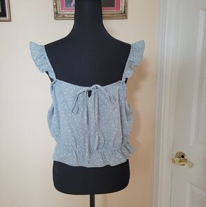 Blue Ditsy Floral Ruffle Sleeve Crop Tank Top Cottagecore Boho Western Rodeo Lg